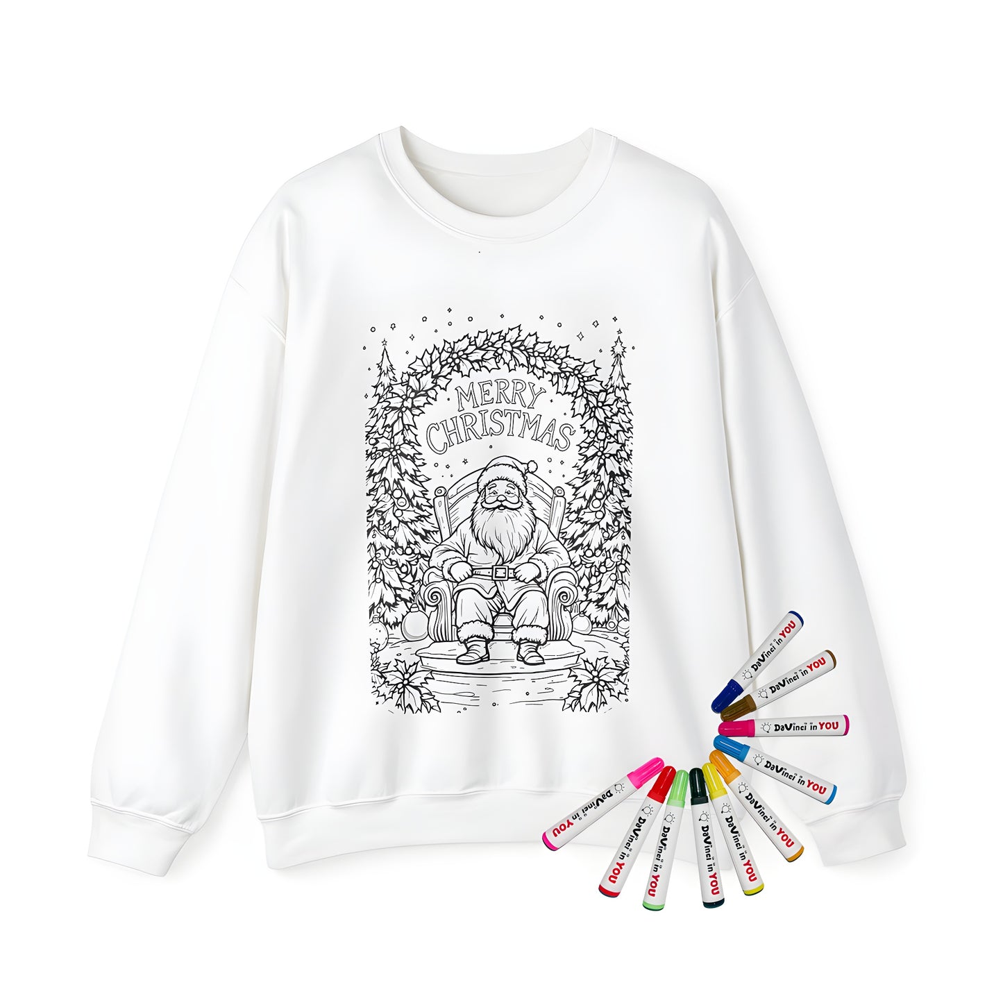 Adult sweatshirt featuring a fun black and white illustration of Kris Kringle, Saint Nick, or Father Christmas seated on a chair, surrounded by festive Christmas trees and 'Merry Christmas' text