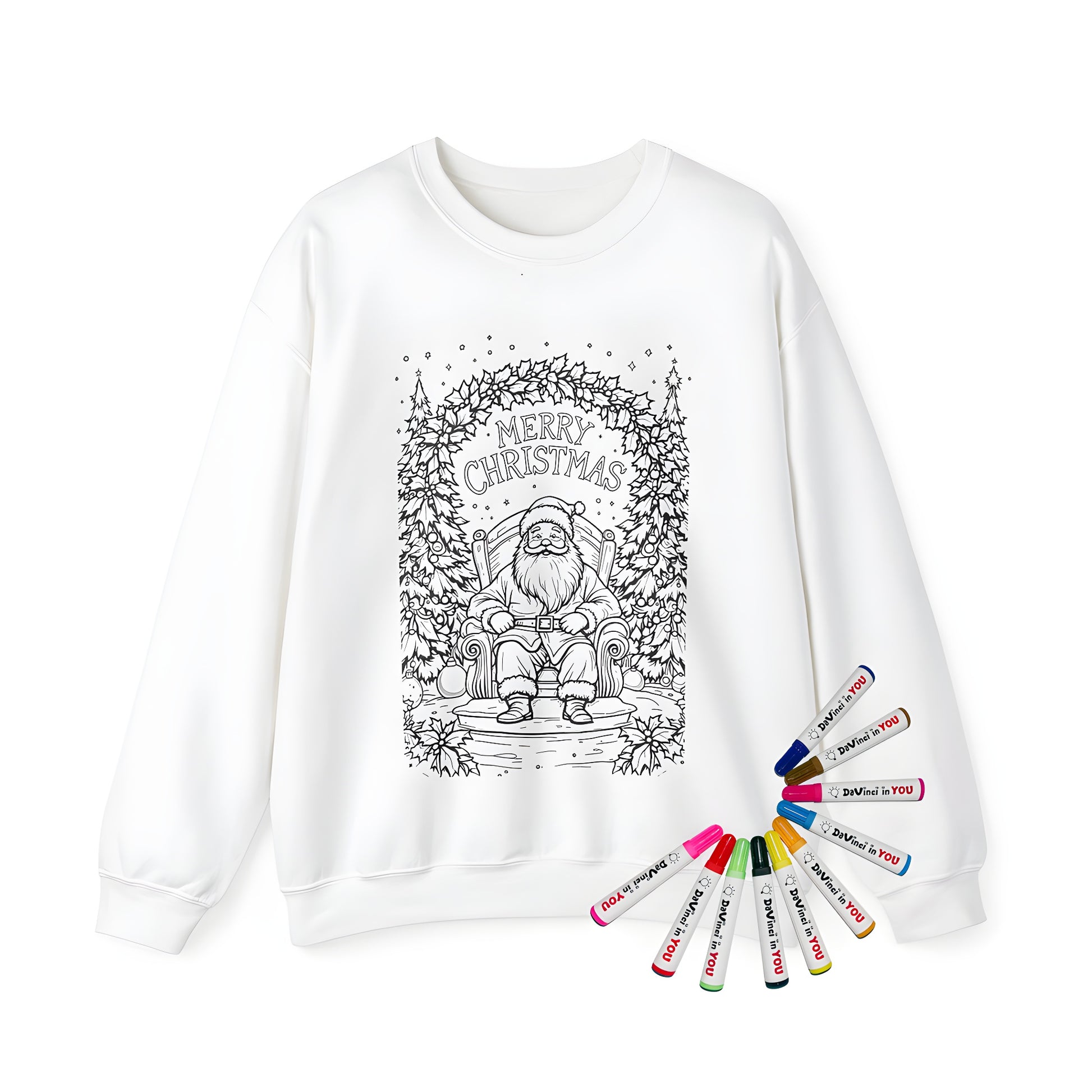 Adult sweatshirt featuring a fun black and white illustration of Kris Kringle, Saint Nick, or Father Christmas seated on a chair, surrounded by festive Christmas trees and 'Merry Christmas' text