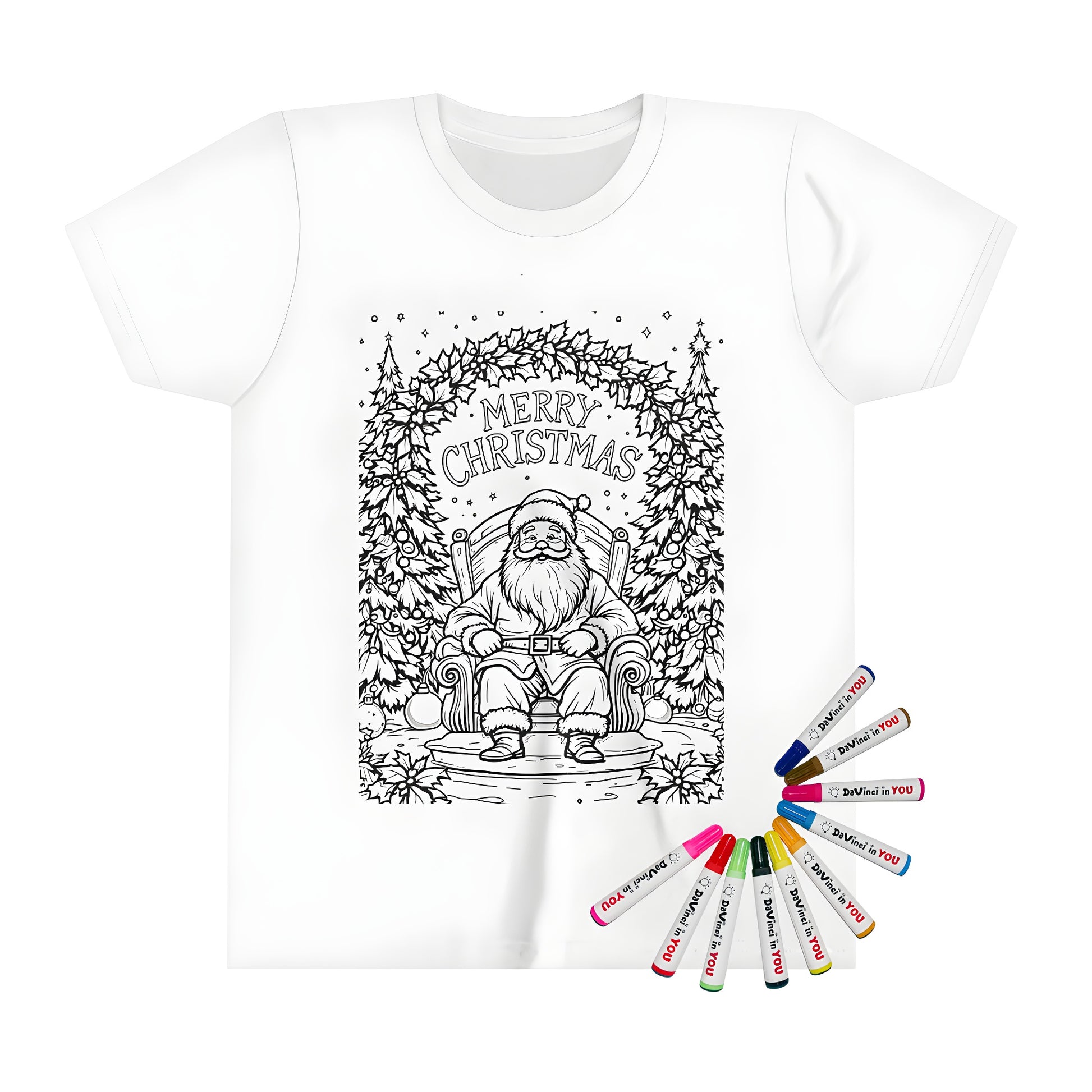 Kid's holiday t-shirt featuring an illustration of Saint Nicholas, Kris Kringle, Father Christmas, and Christmas traditions