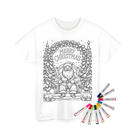 Stylish Unisex T-shirt featuring a fun coloring page design of Father Christmas, Kris Kringle, Jolly Old Elf seated on a chair surrounded by festive Christmas trees and the phrase 'Merry Christmas'