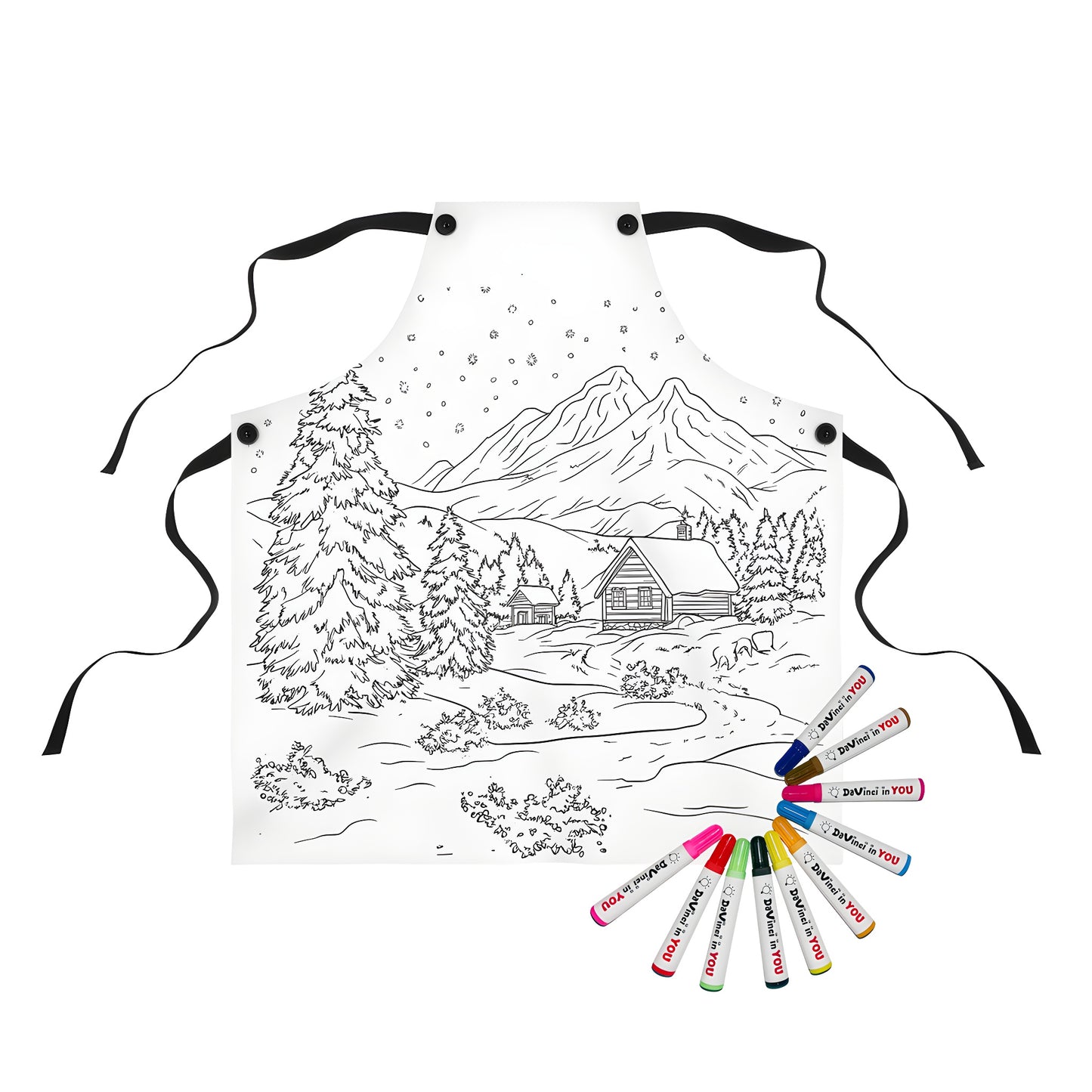Serene winter scene apron with cabin, snow-covered trees and mountains for coloring kits