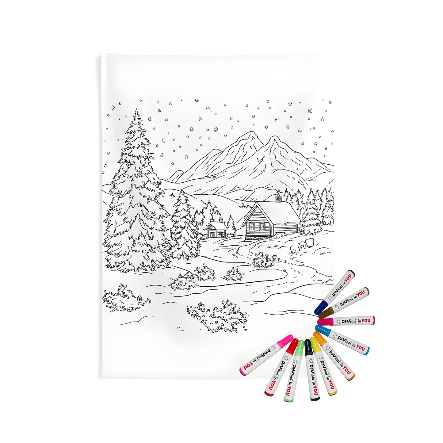 Peaceful winter scene indoor wall tapestry with cabin, snow-covered trees and mountains