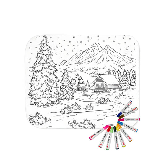 Cozy blanket featuring a serene winter wonderland scene with cabin, snow-covered trees and mountains