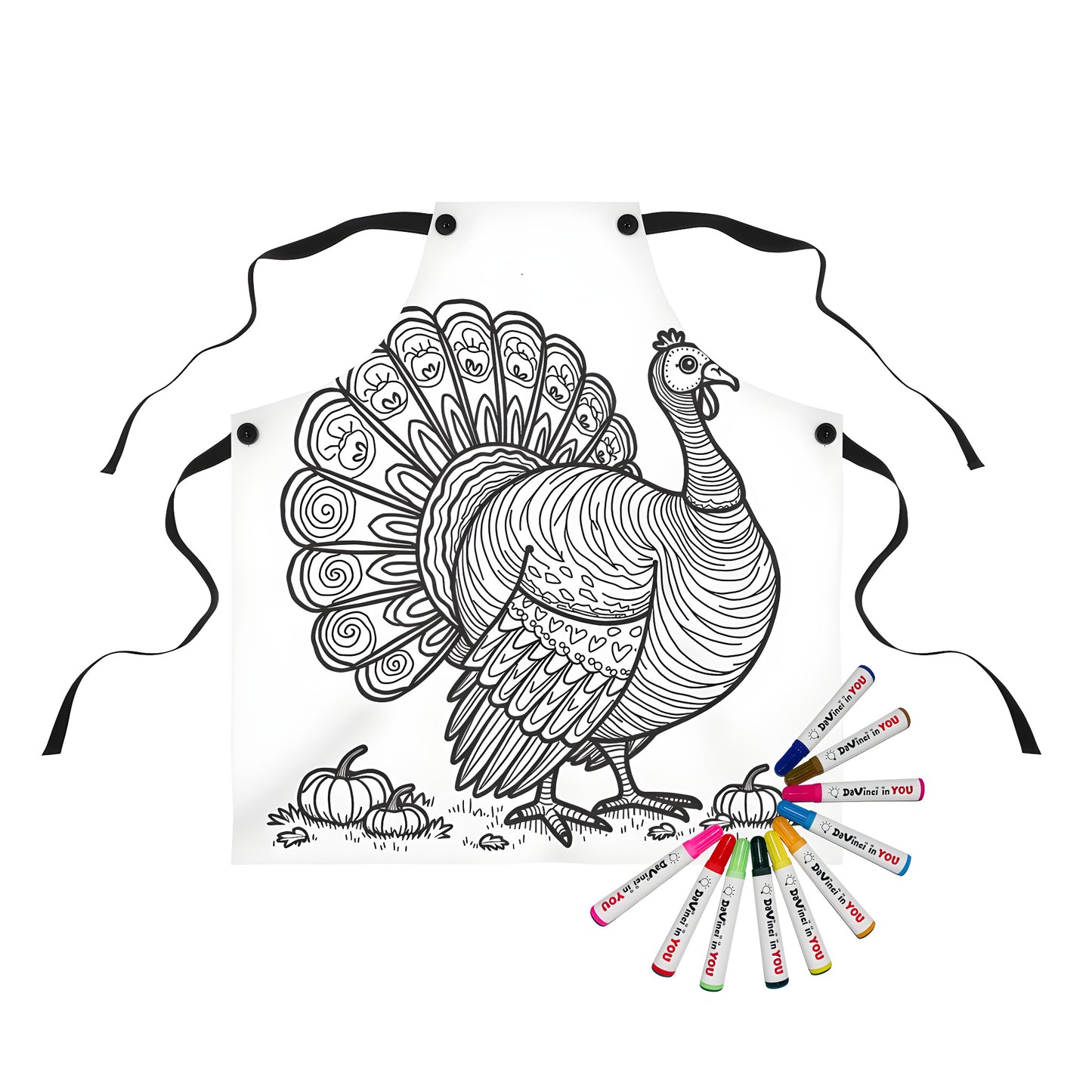 Coloring apron featuring a line drawing of a wild fowl and pumpkins