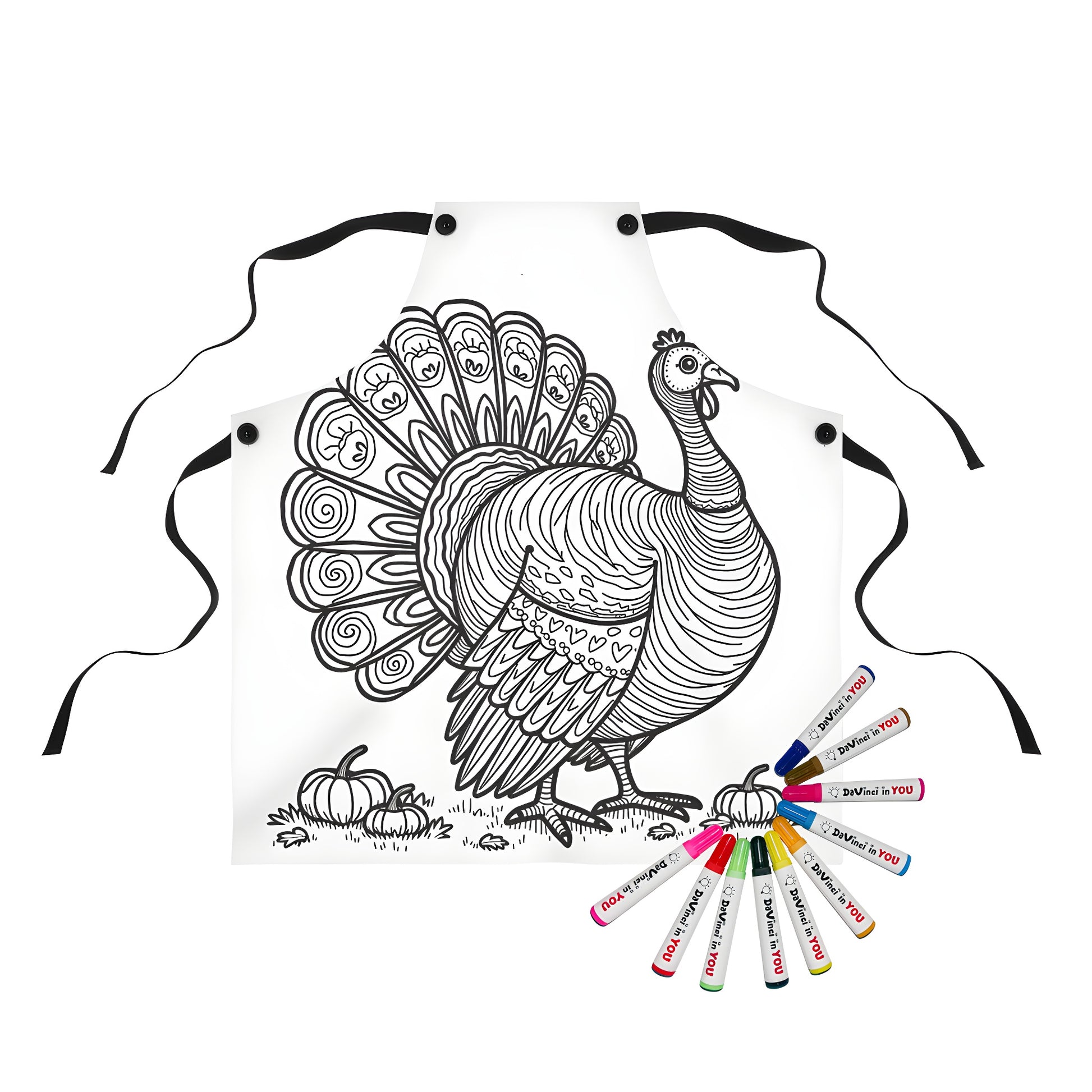 Coloring apron featuring a line drawing of a wild fowl and pumpkins