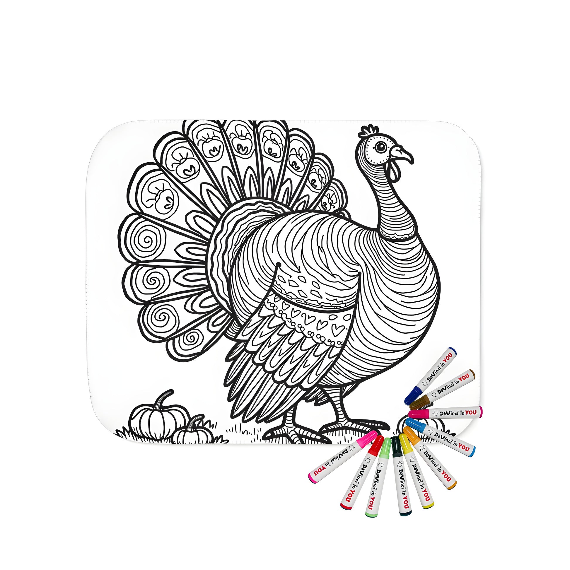 Coloring kit with blanket featuring a turkey illustration for kids and adults