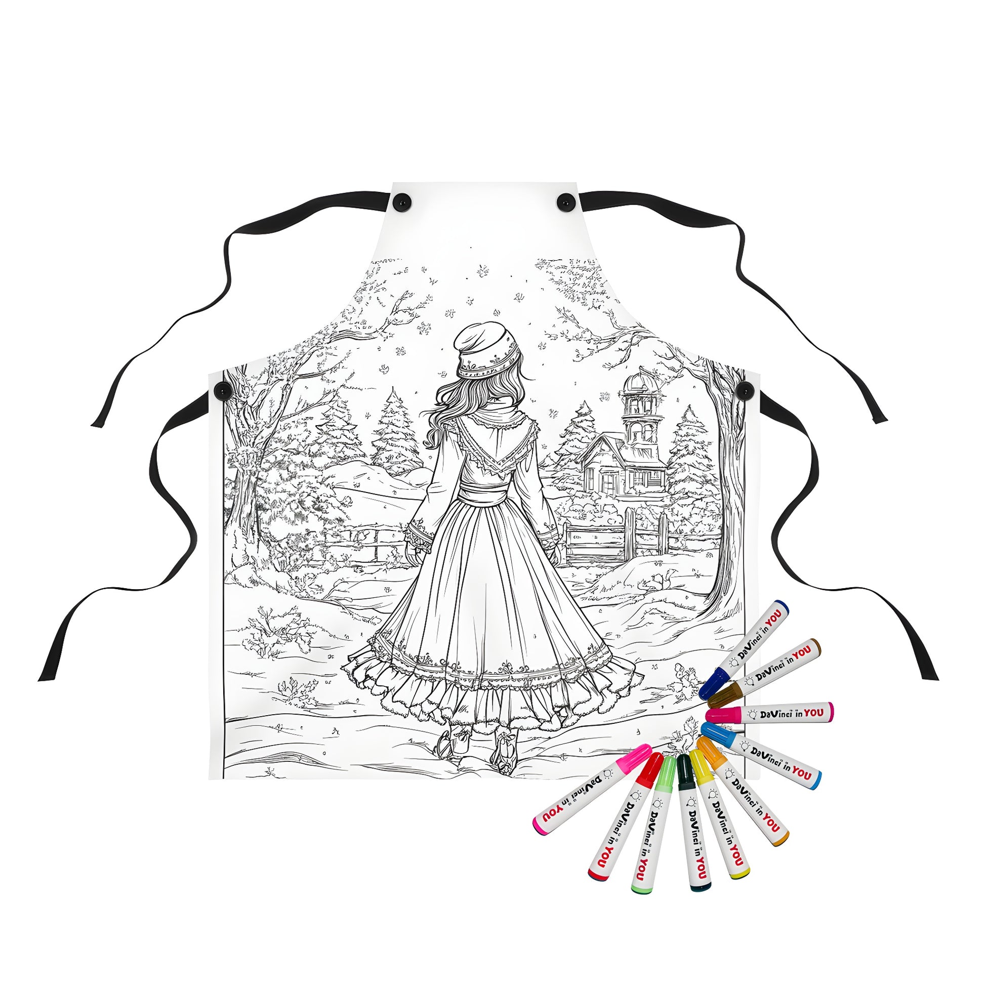 Apron with colorful winter scene design, featuring girl in dress surrounded by snowy trees and house