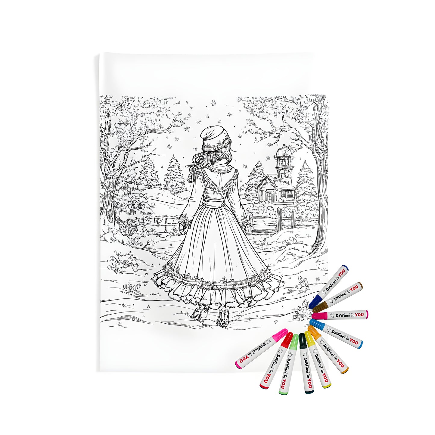 Colorful winter scene wall tapestry with girl in long dress and snowy landscape