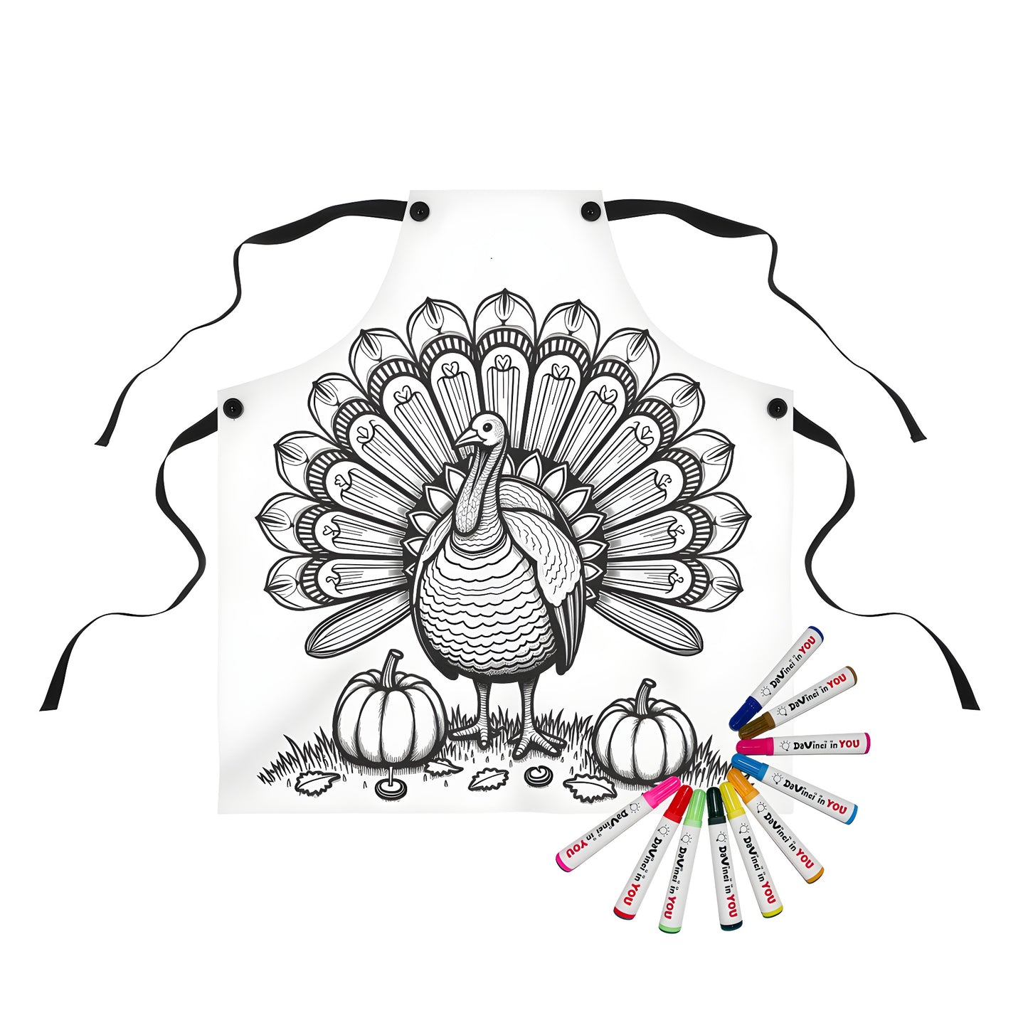Apron with colorful turkey print for kids' art activities