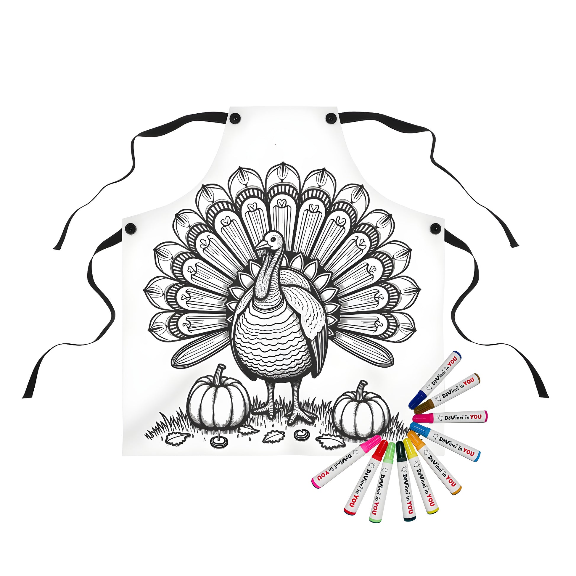 Apron with colorful turkey print for kids' art activities