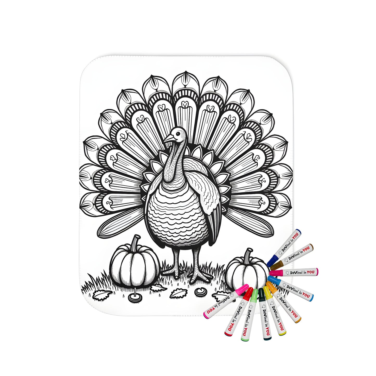 Fanciful turkey blanket illustration with colorful markers