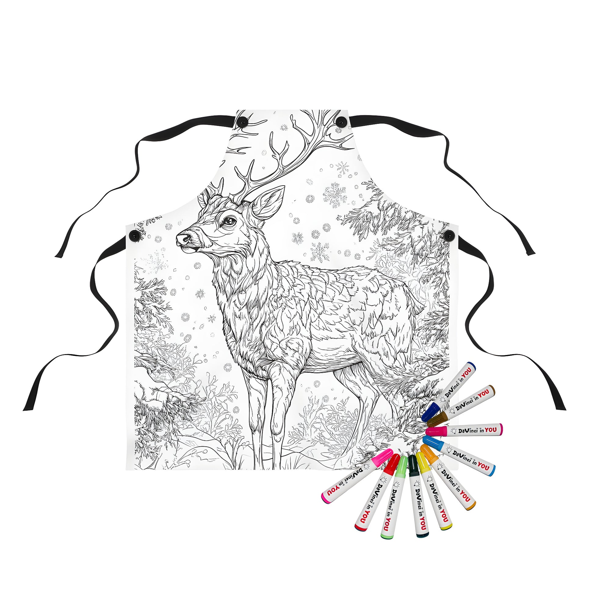 Colorful Apron for arts and crafts featuring a deer in a snowy landscape with frosty trees