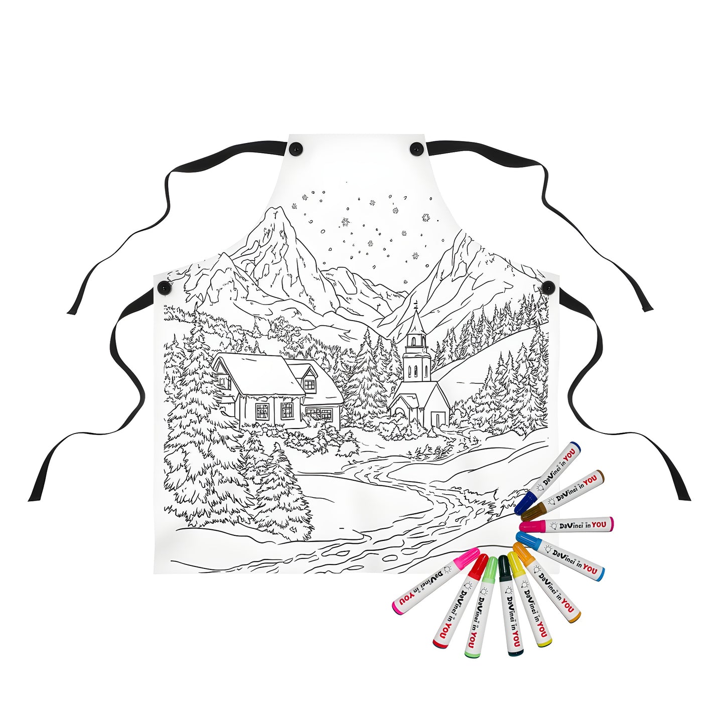 Apron with picturesque mountain village coloring page design and fabric markers