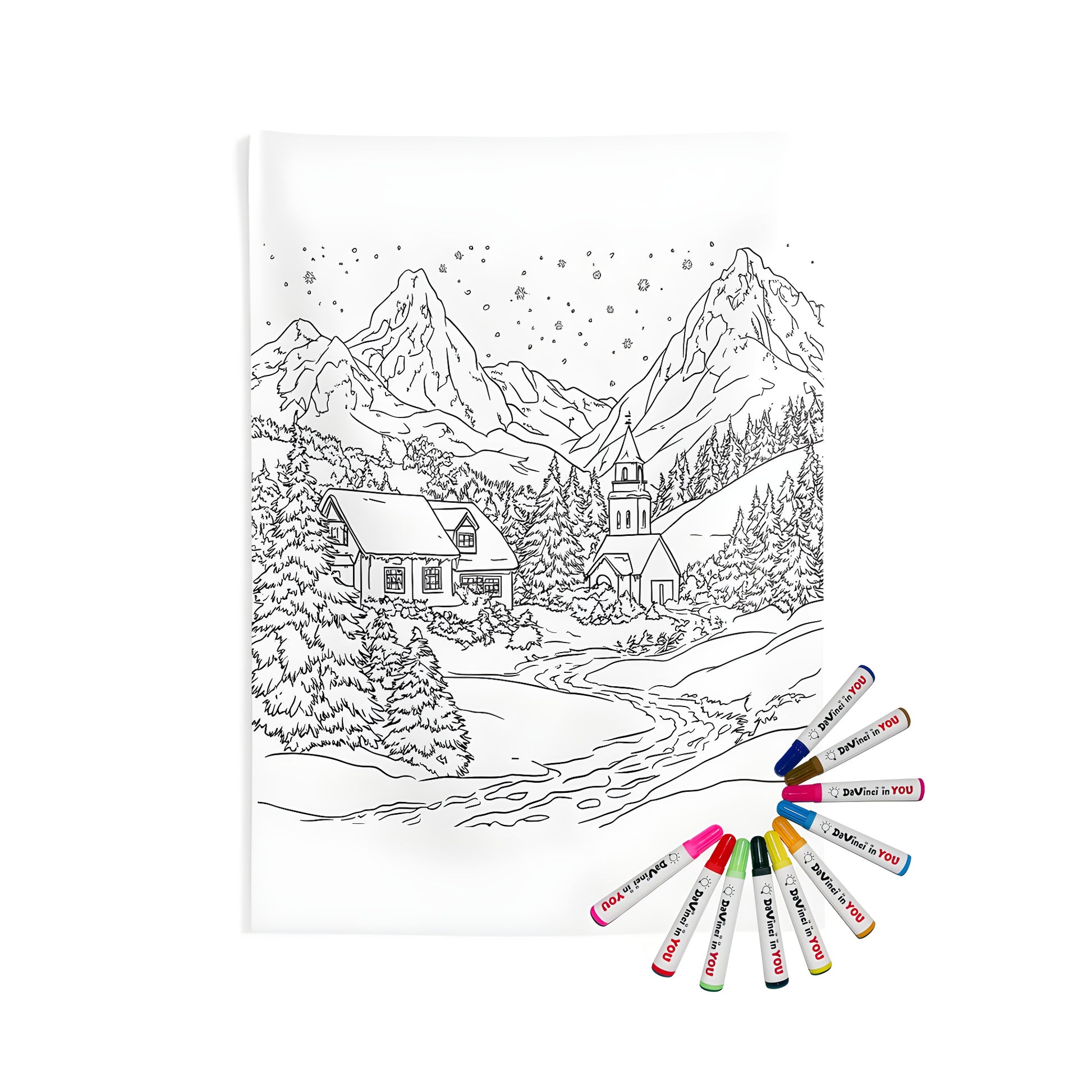 Cozy alpine scene wall hanging indoor tapestry with mountain village design and snowflake details