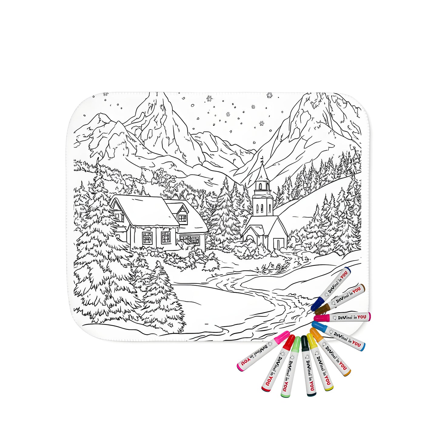 A cozy blanket with a serene mountain village landscape print, featuring snow-covered houses and pine trees under a starry sky with falling snowflakes.