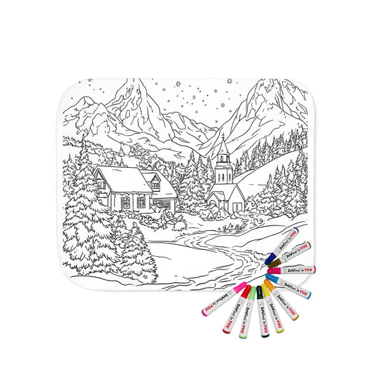 A cozy blanket with a serene mountain village landscape print, featuring snow-covered houses and pine trees under a starry sky with falling snowflakes.