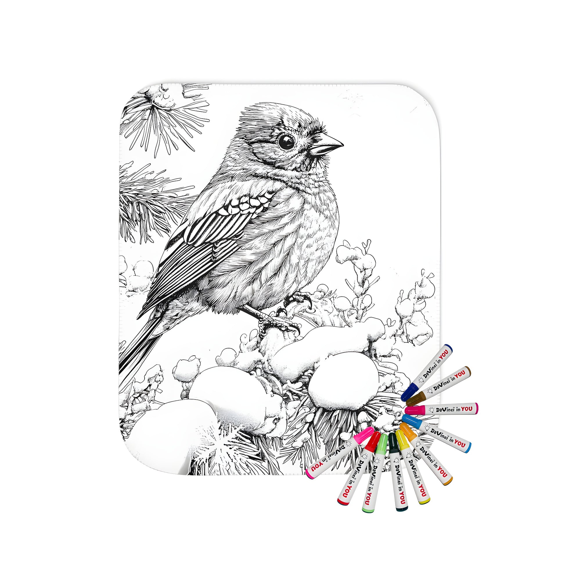 A vibrant blanket featuring an intricate bird perched on a snow-covered branch, surrounded by delicate snowflake patterns. Perfect for a cozy home or as a gift.