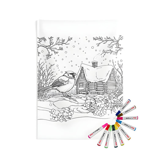 Cozy Winter Chalet, Snowy Cabin, or Rustic Mountain Lodge Indoor Wall Hanging Tapestries with 10 Vibrant Fabric Markers