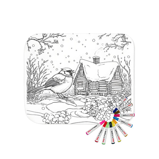 Cozy blanket with winter cottage scene, snowy landscape and bird illustration