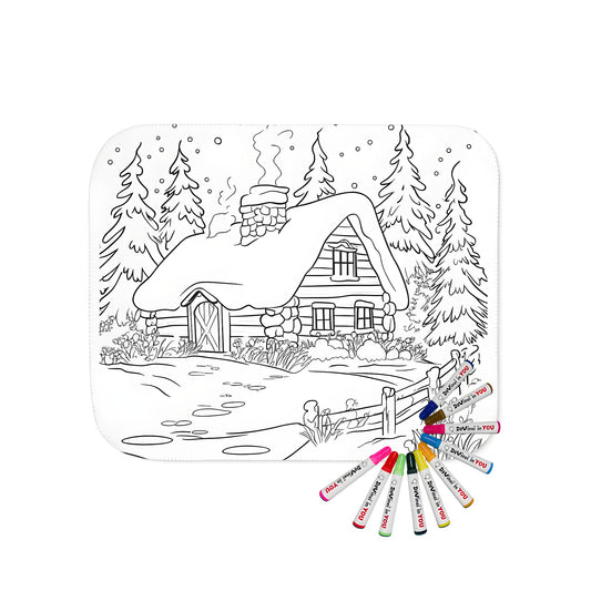 Cozy winter scene blanket with cottage design and snowy landscape