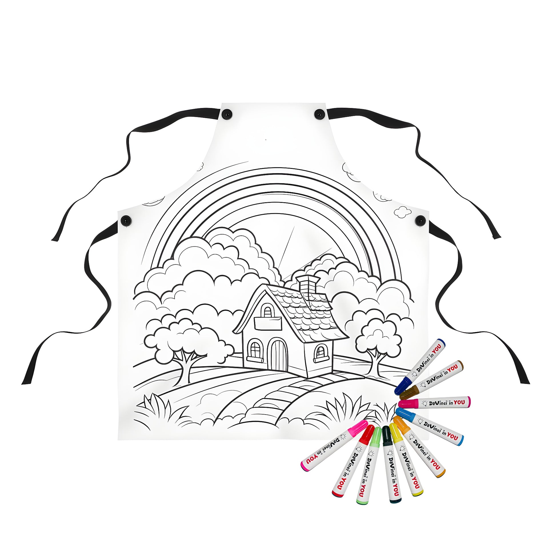 Colorful apron featuring a whimsical house scene with clouds and rainbow