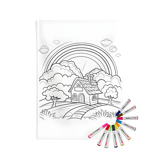 Vibrant indoor wall tapestry with colorful house design, featuring a whimsical garden scene with rainbow hues