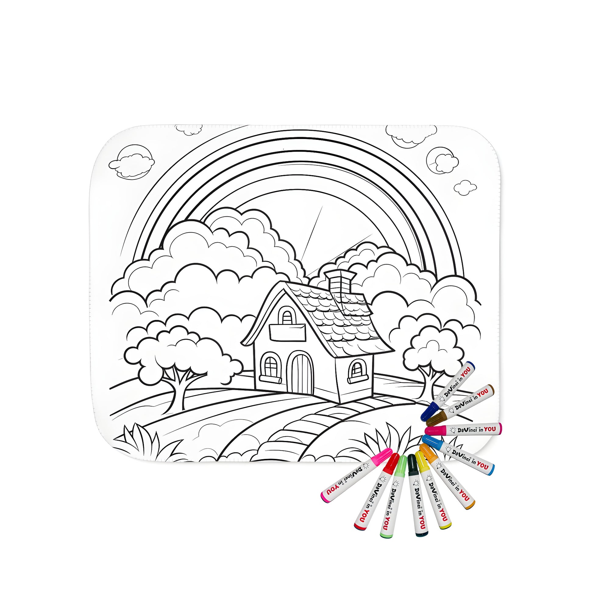 Colorful blanket with vibrant colors of a garden house scene, featuring a rainbow sky with fluffy clouds