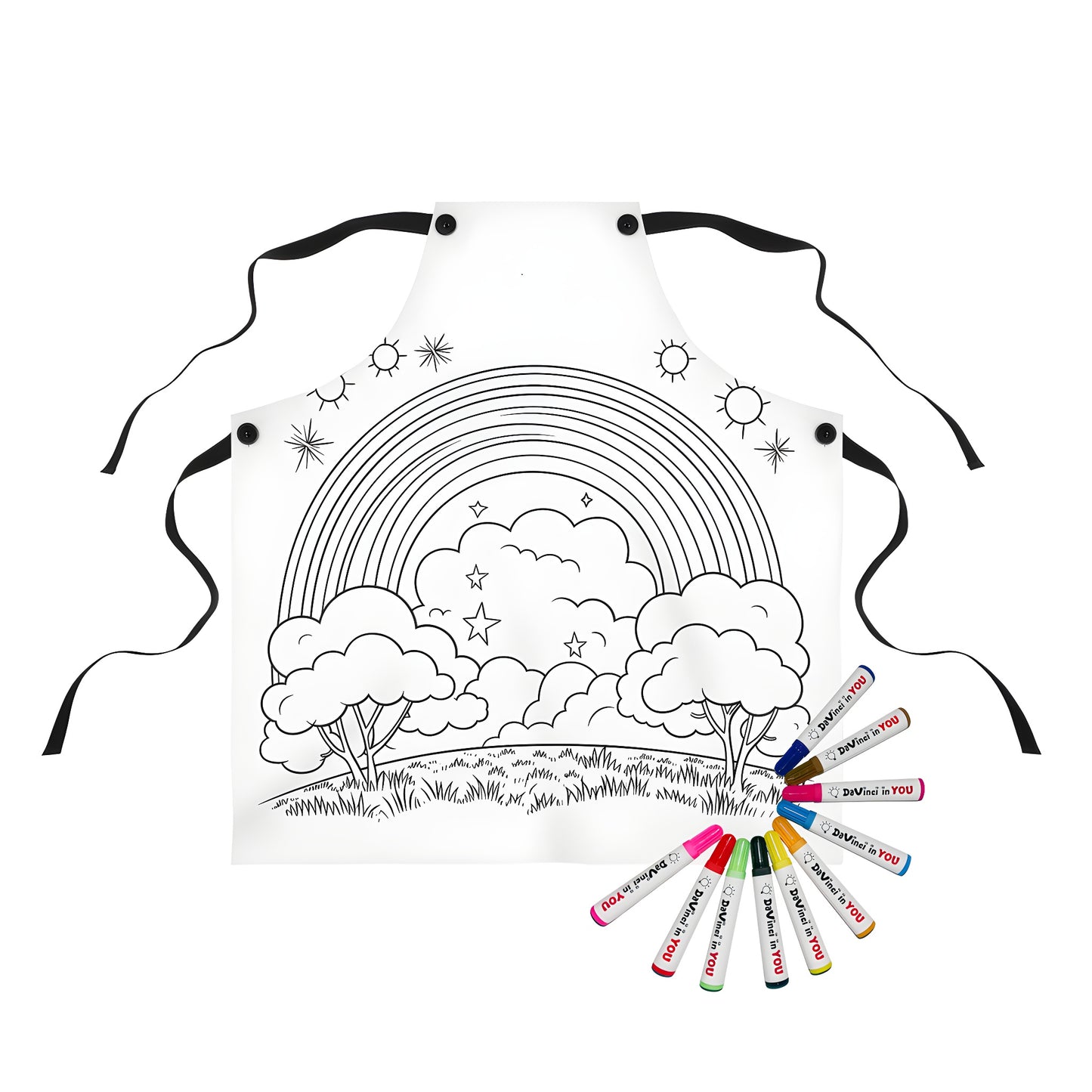 Apron with vibrant rainbow and fluffy cloud design