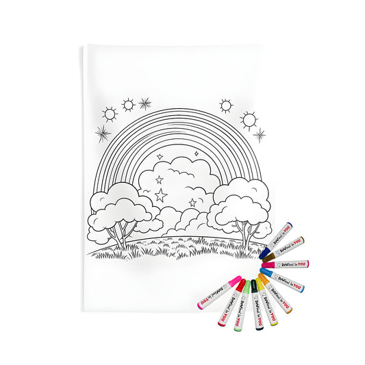 Indoor wall tapestries art decor colorful rainbow hues, vibrant cloudy sky design