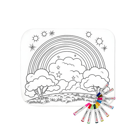 Cozy blanket featuring vibrant colorful hues reminiscent of a lush landscape with a rainbow arching over fluffy white clouds, complete with stylized trees, shining sun, and twinkling stars