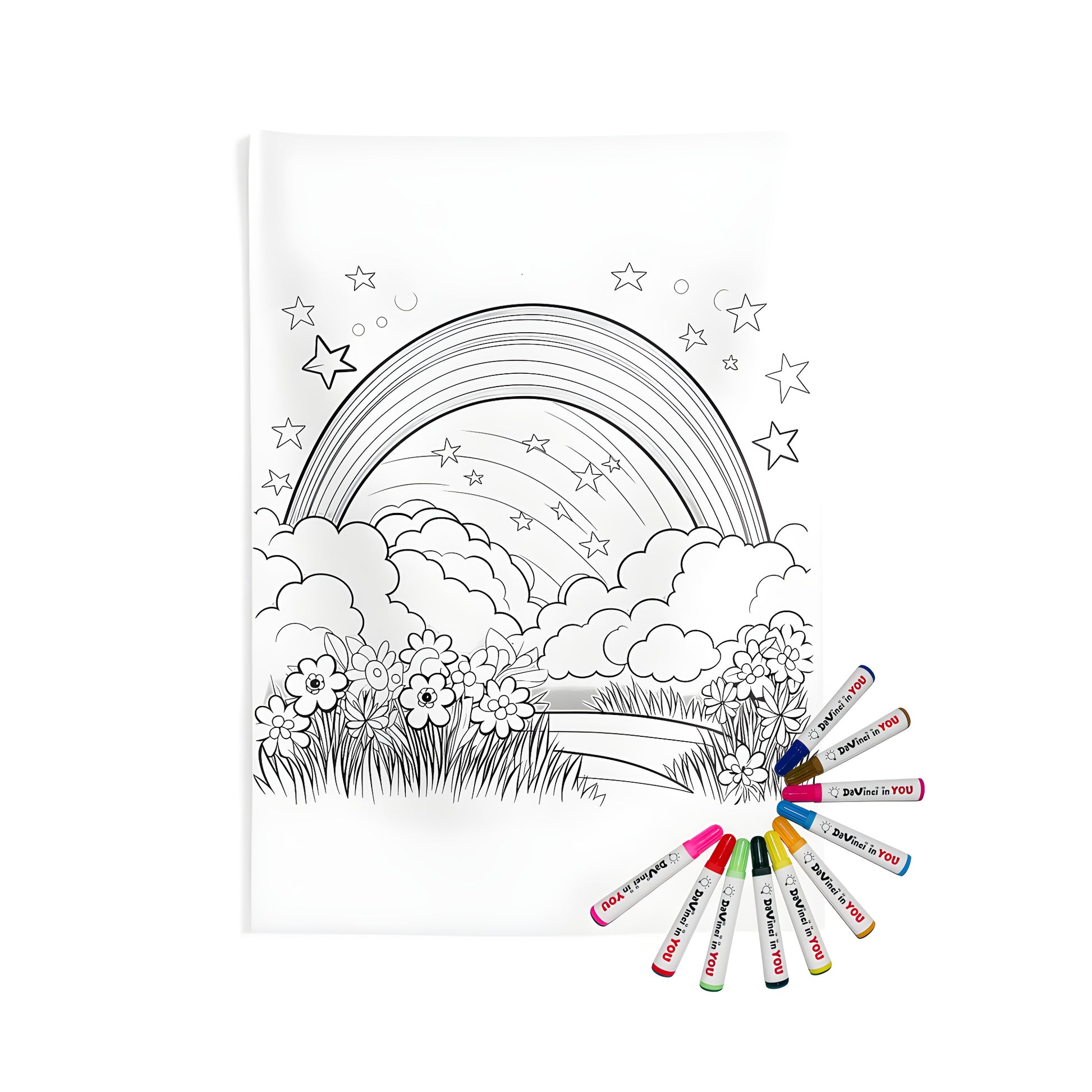Indoor wall tapestry featuring a black and white coloring page design of a sky with clouds, stars, and flowers