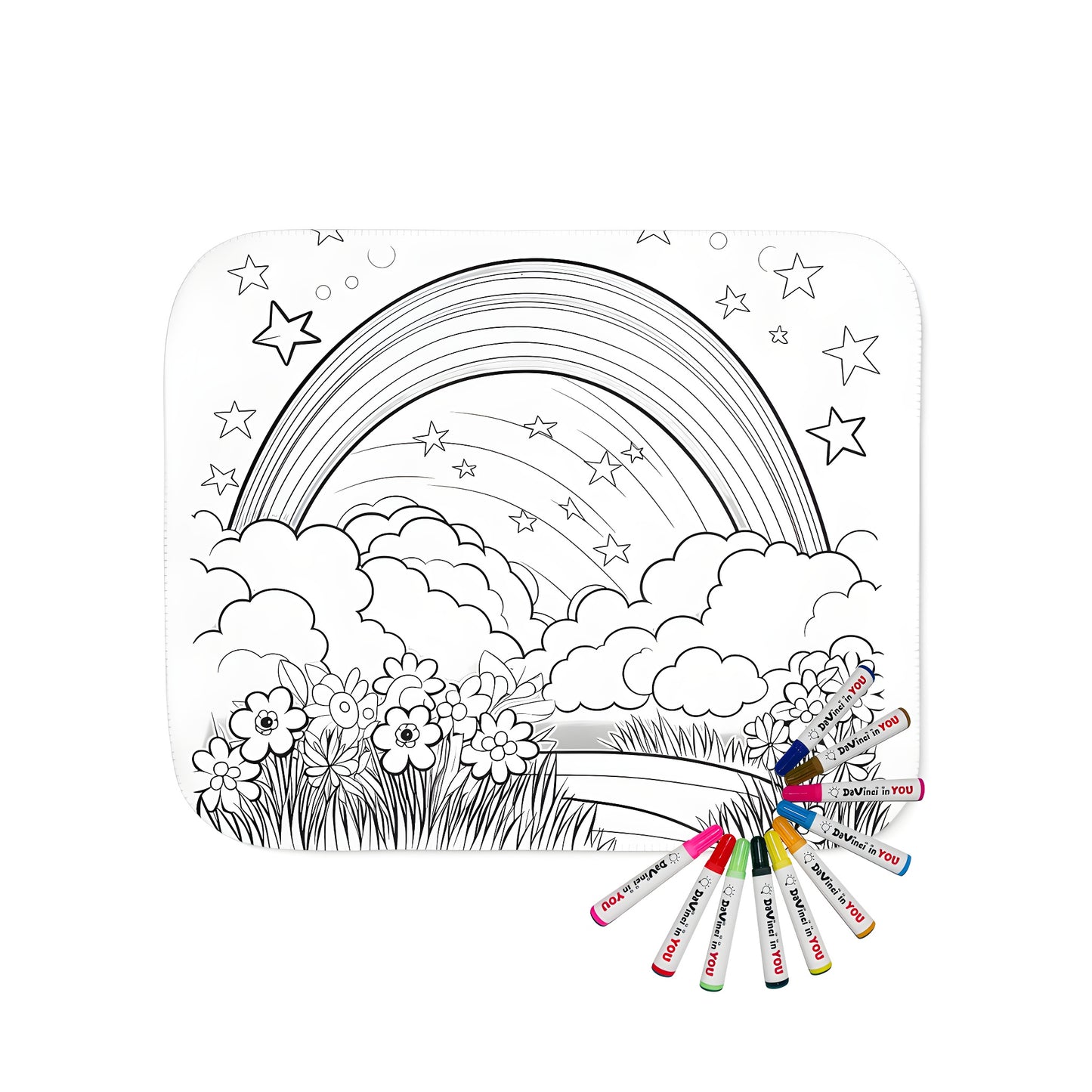 Colorful blanket with vibrant rainbow scene, clouds, stars and flowers on soft fabric