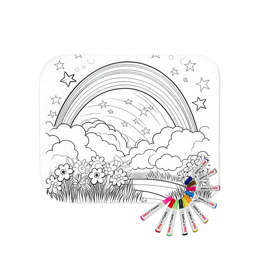 Colorful blanket with vibrant rainbow scene, clouds, stars and flowers on soft fabric