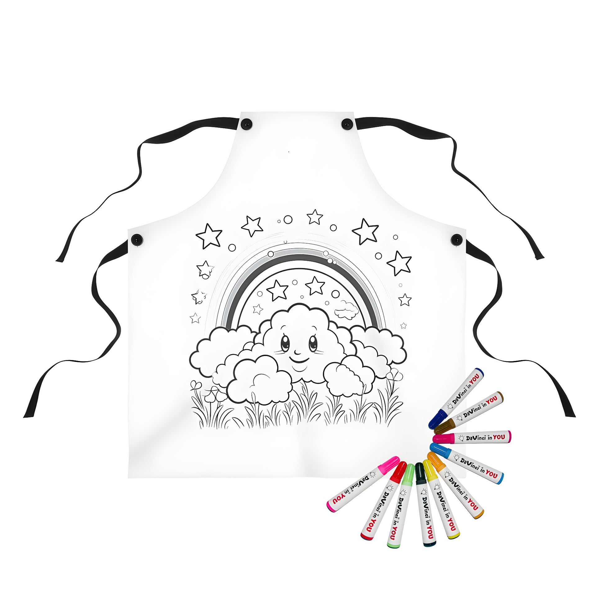 Colorful cloud apron with rainbow, stars, flowers, and grass printed on durable fabric