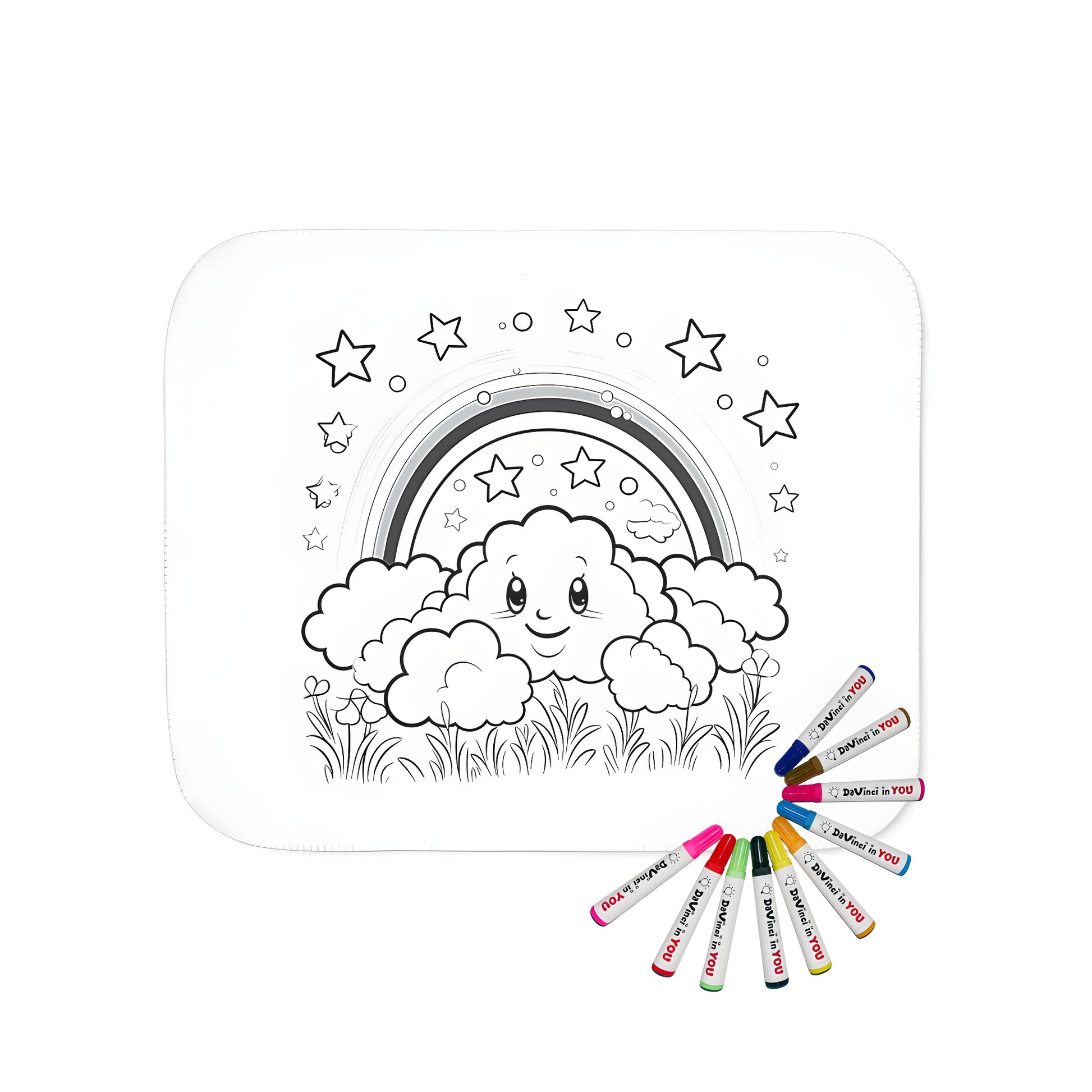 Blanket with cloud design, featuring a cheerful sky, stars, flowers, and a rainbow