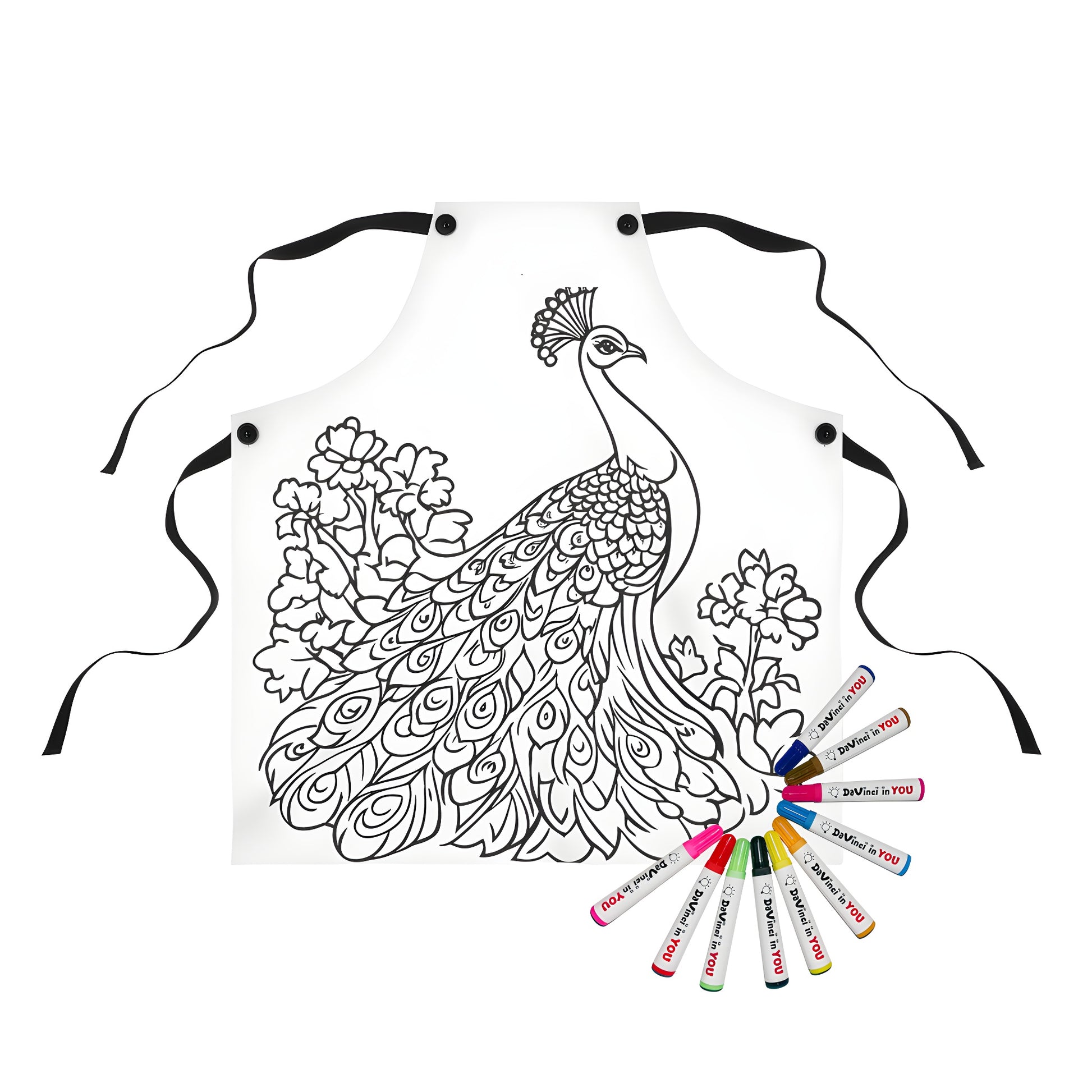 Coloring apron featuring a beautiful black and white peacock drawing with vibrant feathers spread out, surrounded by flowers