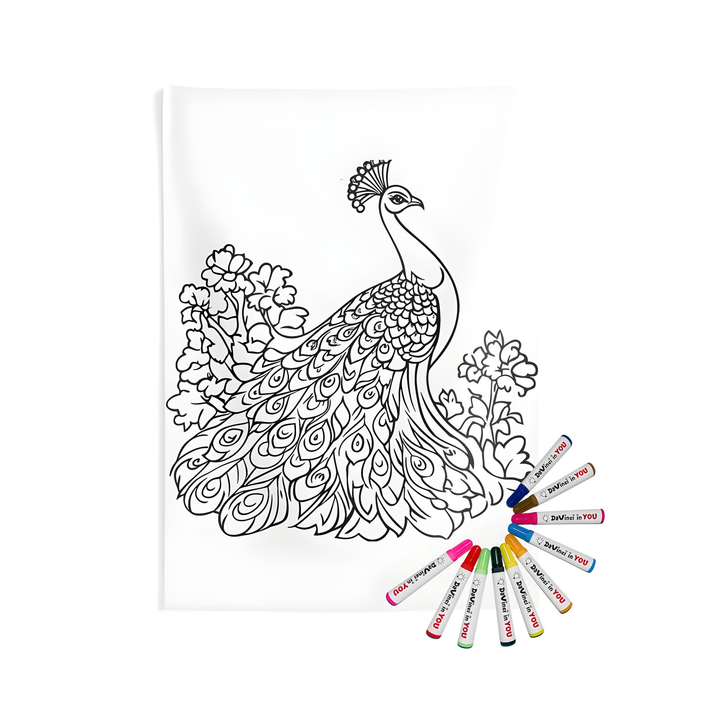 Indoor wall tapestry featuring a detailed black and white peacock drawing design, surrounded by colorful flowers