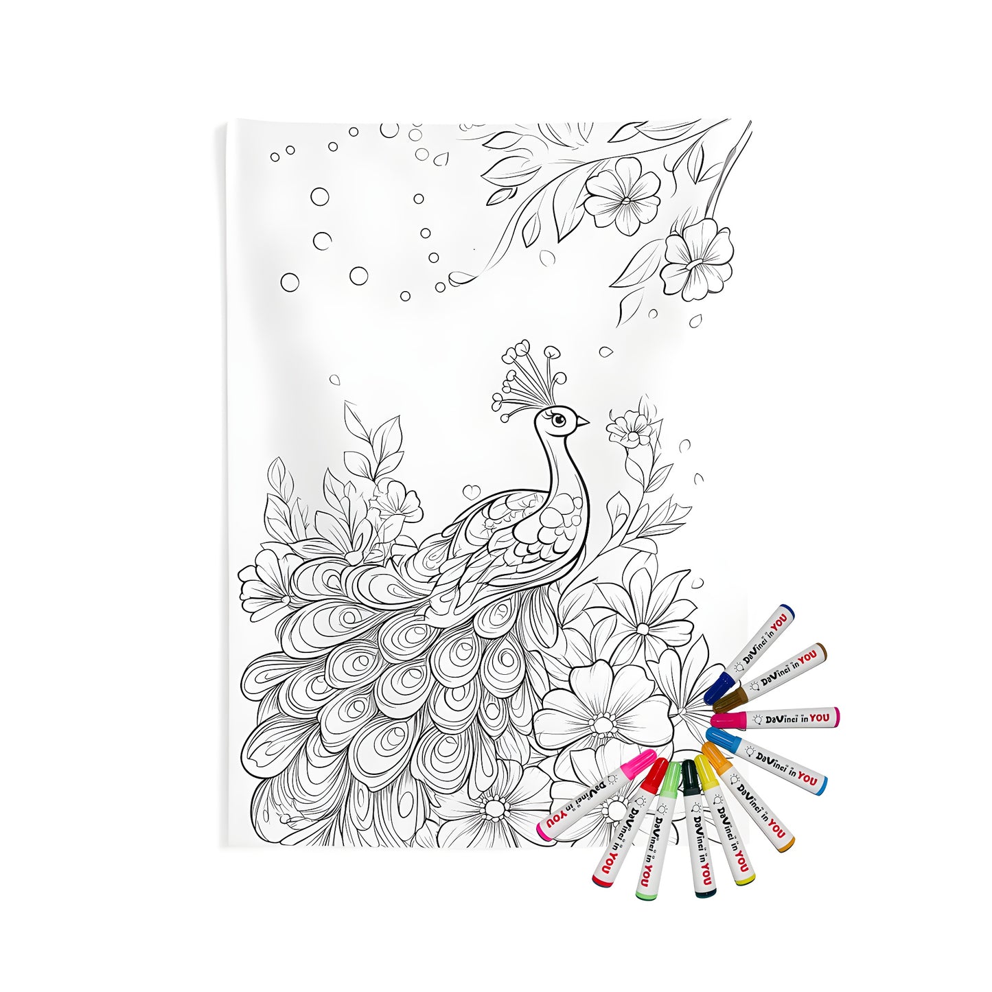 Coloring kit for indoor wall tapestries featuring a detailed line drawing of a majestic peacock amidst blooming flowers and intricate feather patterns.