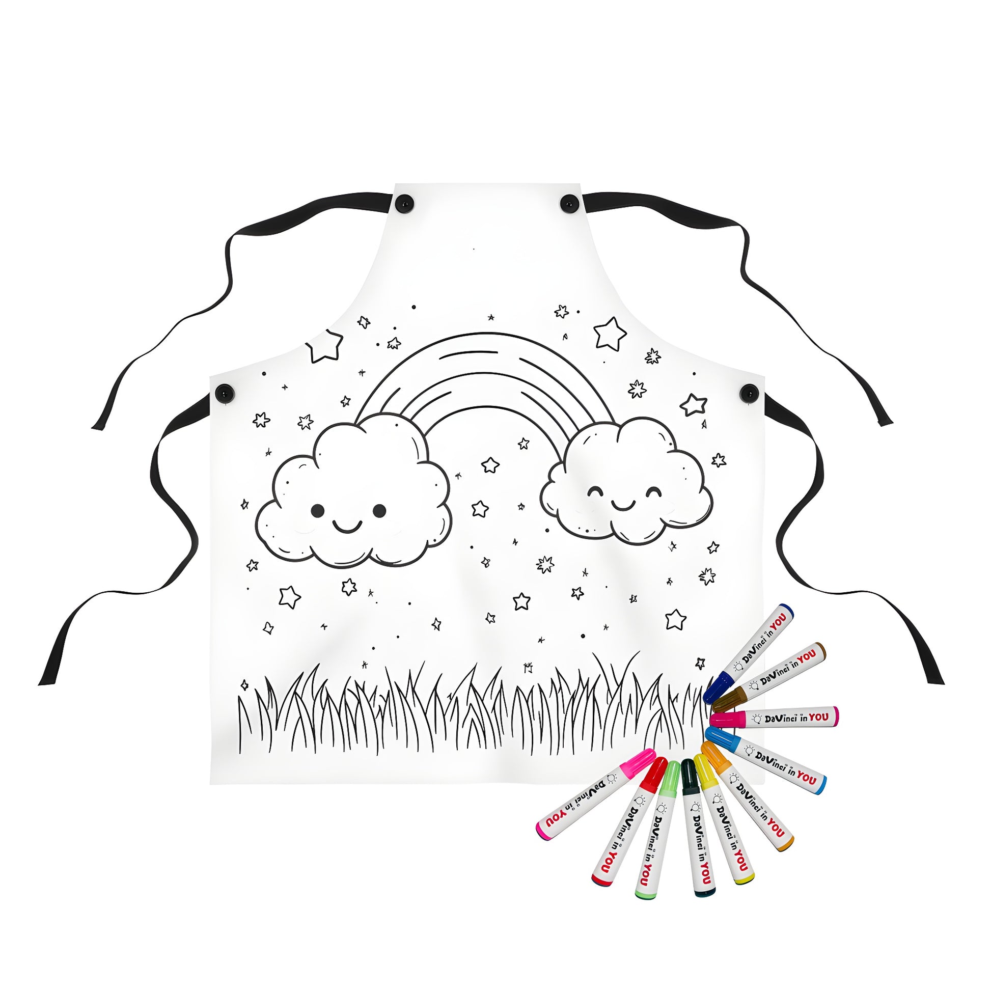 Cute cloud and rainbow apron design featuring smiling clouds, connecting rainbow, surrounded by stars and grass. Perfect for kids and nature lovers.