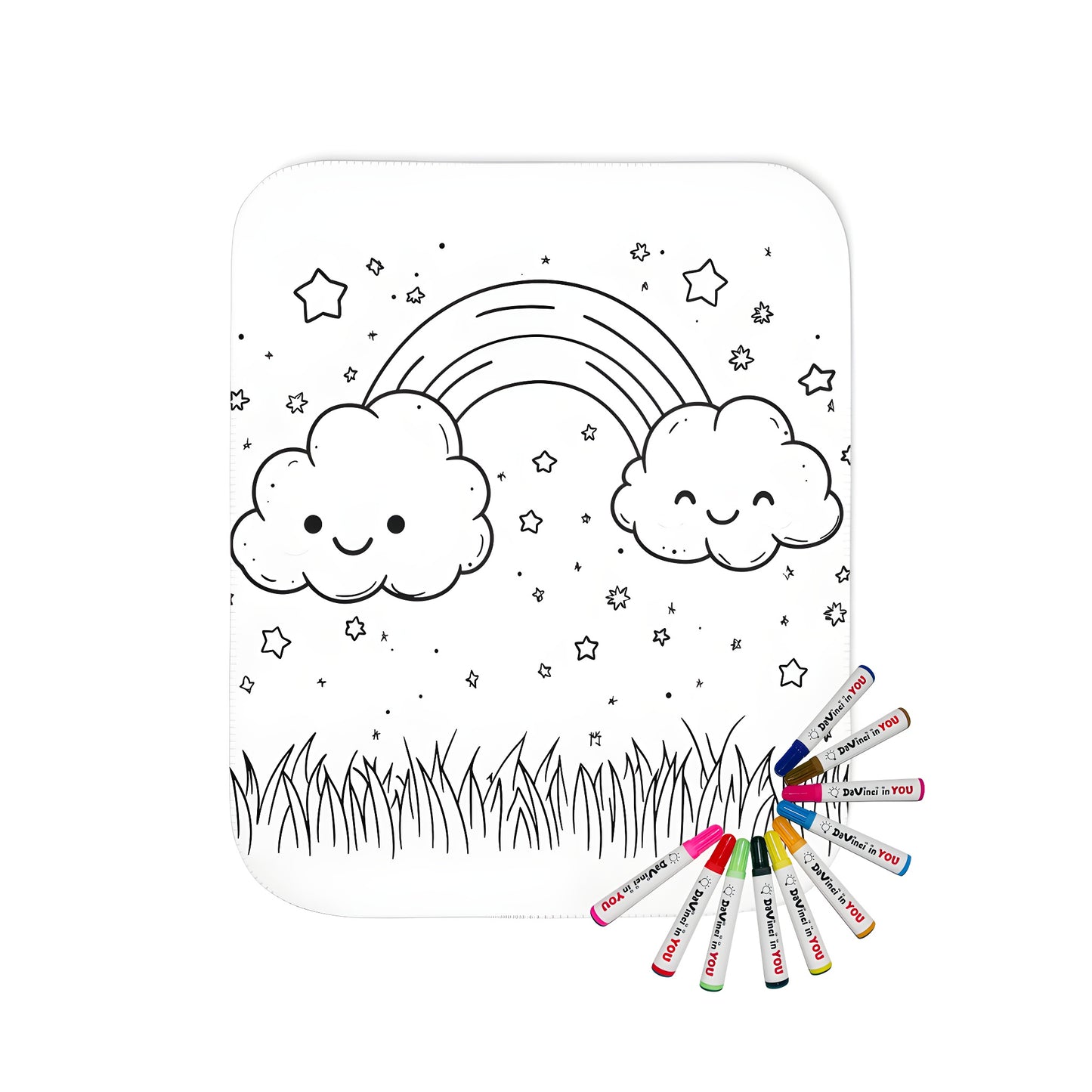 Cute cloud rainbow blanket design with colorful markers