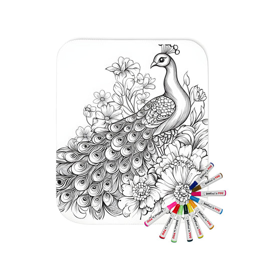 Coloring blanket with intricate black and white drawing of majestic bird surrounded by large blooming flowers, showcasing detailed feather patterns and floral design.