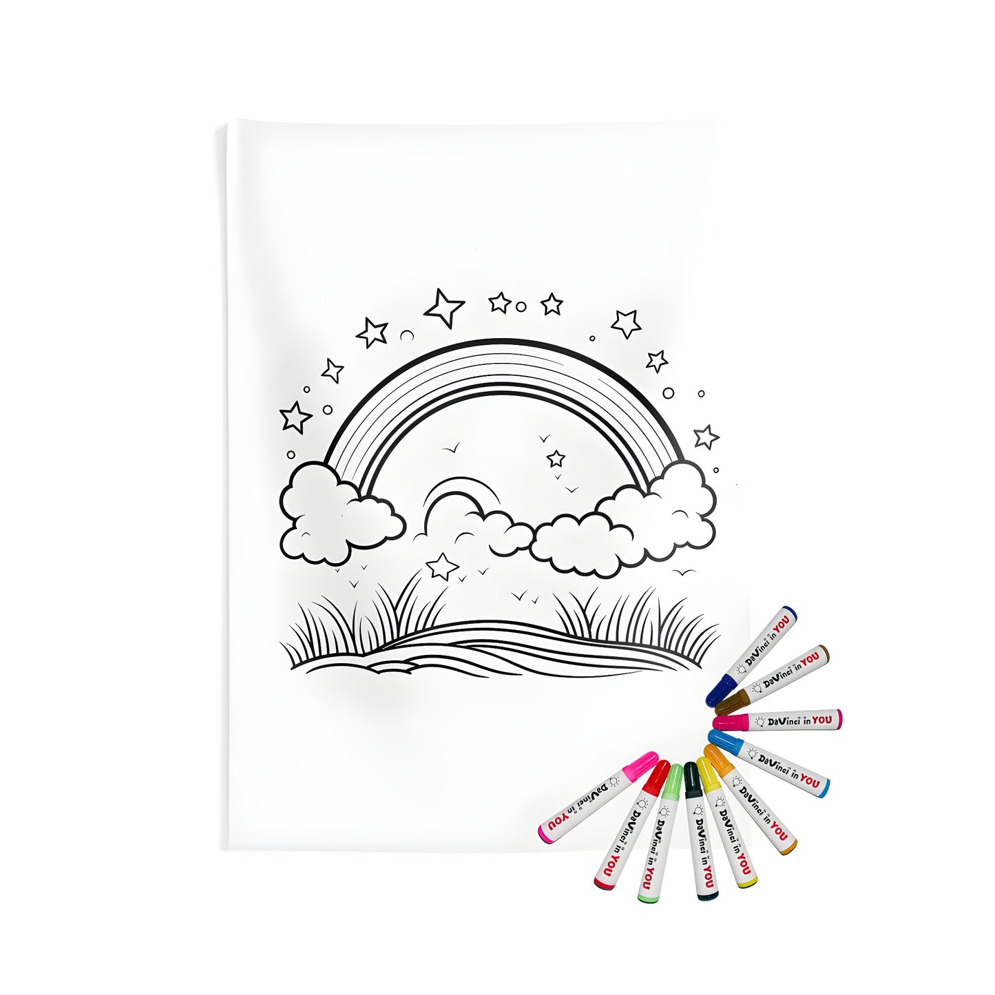Indoor wall tapestries artwork featuring a colorful drawing of a rainbow over clouds and stars, with a lush grassy field below