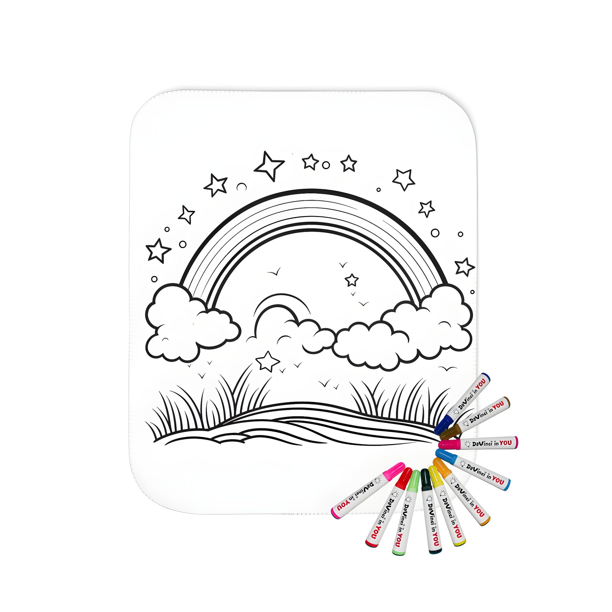 A cozy blanket featuring a whimsical design of a rainbow arcing over fluffy clouds and twinkling celestial bodies above a green grassy field