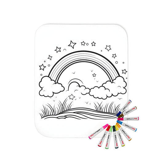 A cozy blanket featuring a whimsical design of a rainbow arcing over fluffy clouds and twinkling celestial bodies above a green grassy field