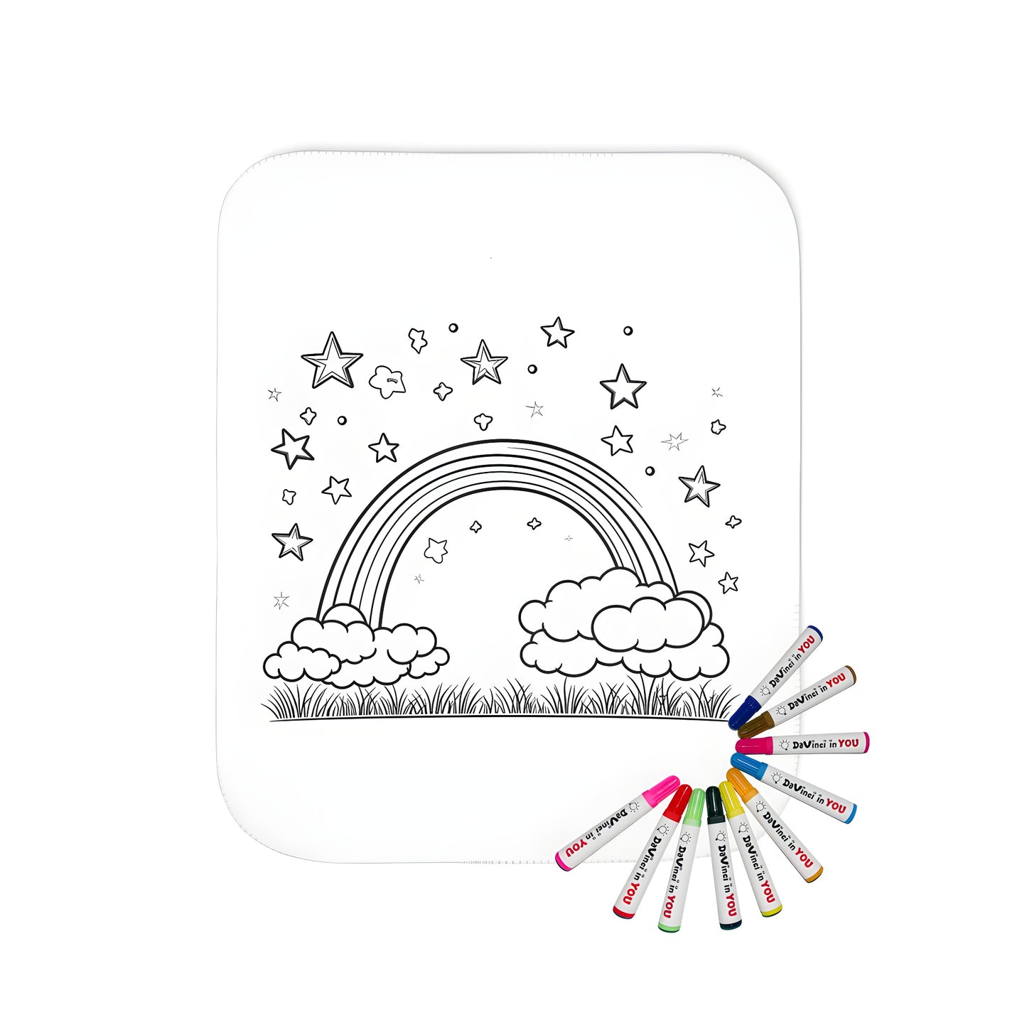 Whimsical blanket design featuring a rainbow over fluffy cumulus clouds, surrounded by twinkling celestial bodies