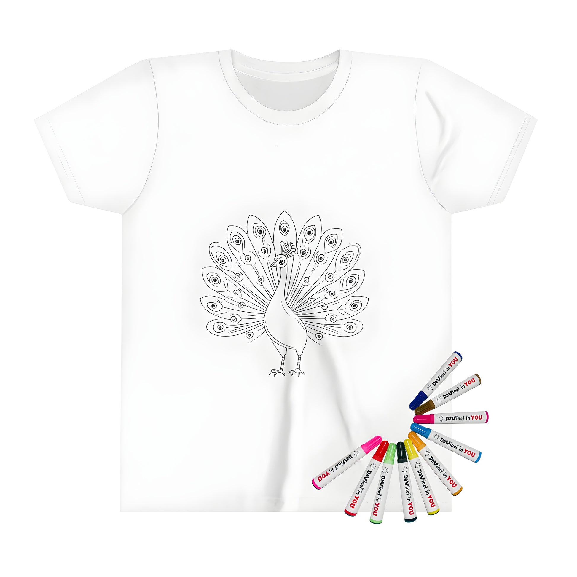 Kid's t-shirt featuring a colorful peacock illustration