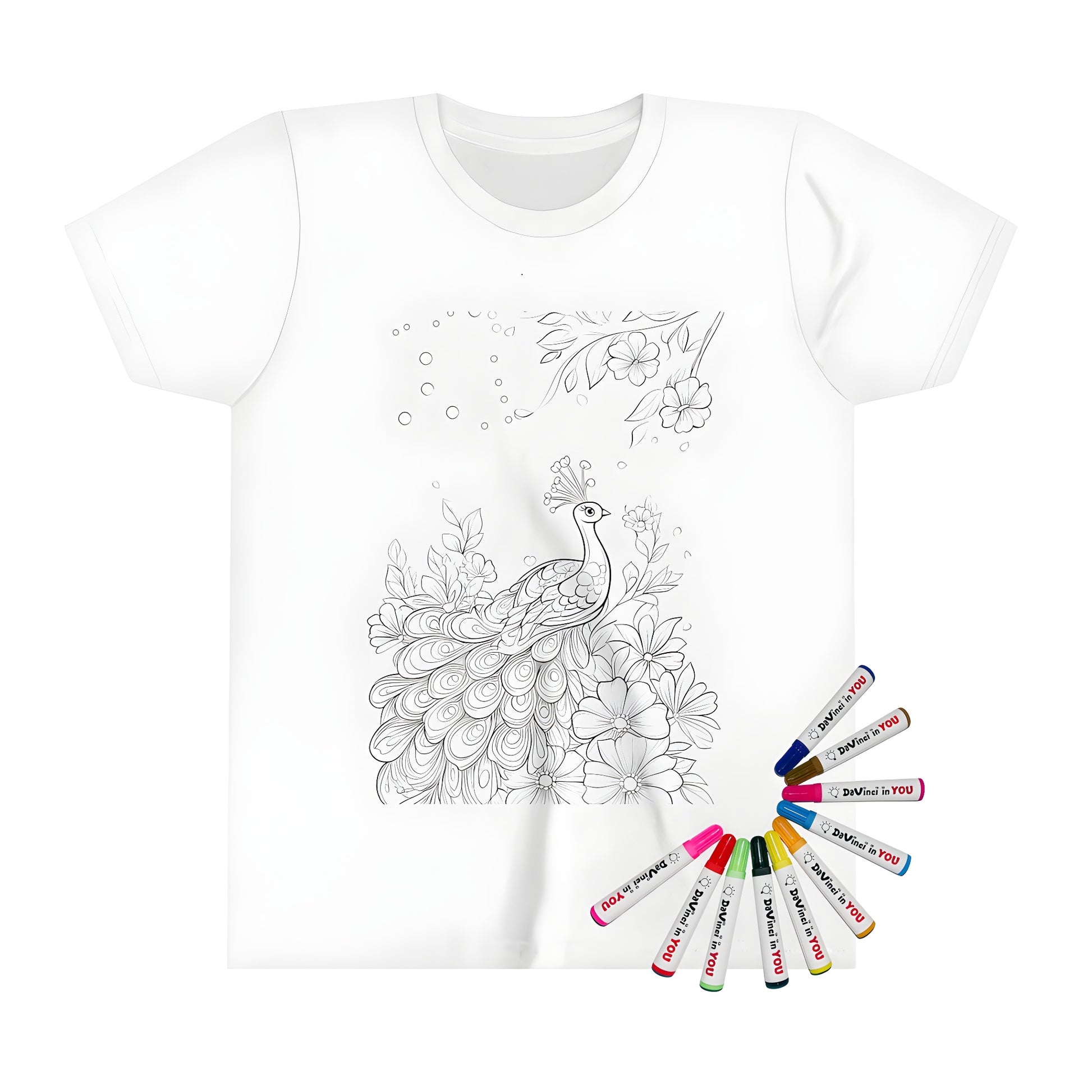 Coloring kit kid's t-shirt featuring an exquisite peacock design with blooming flowers and intricate feathers