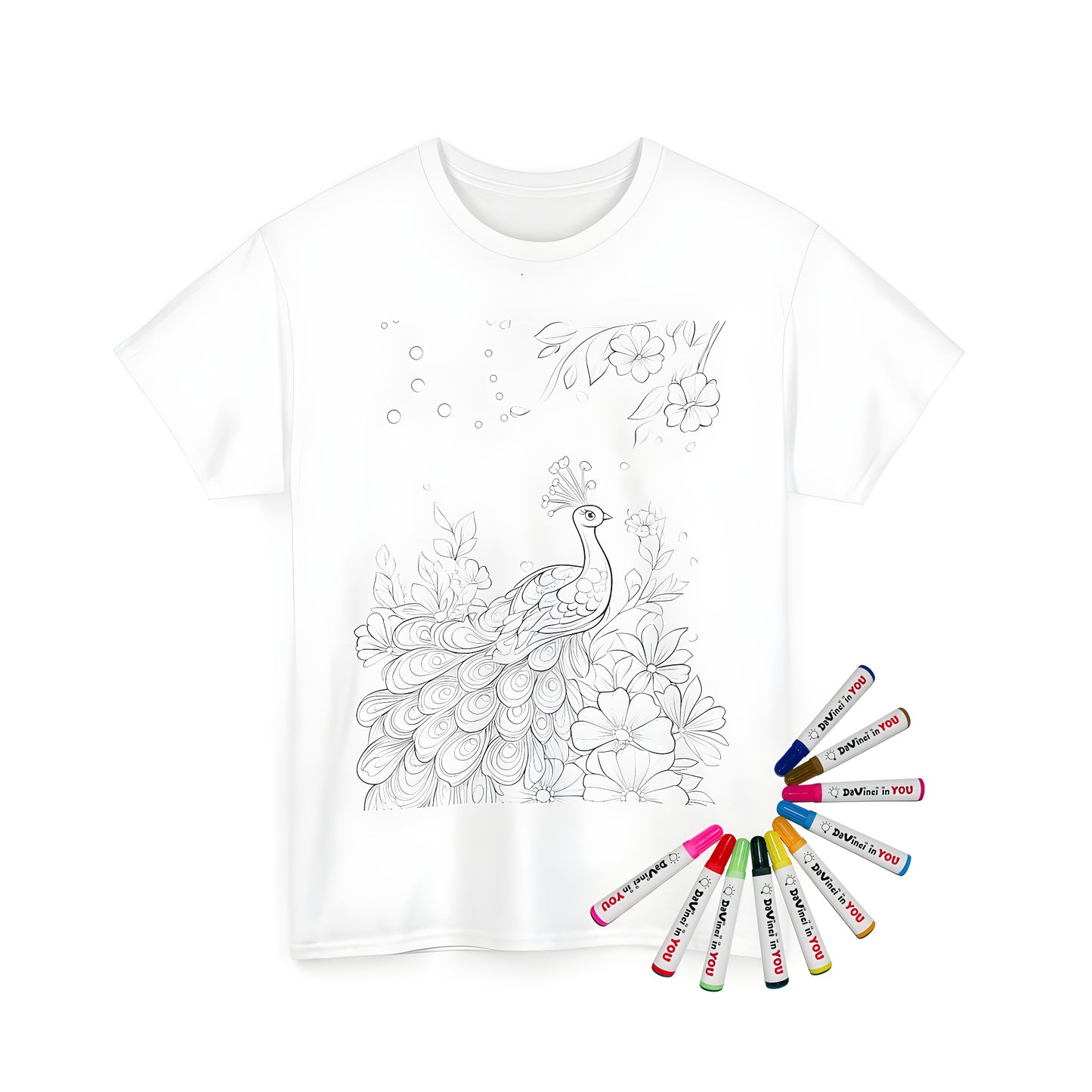 Coloring kit on unisex t-shirt with peacock design, feathers, and flowers