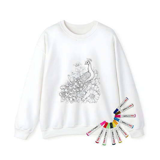 Adult sweatshirt featuring an intricate black and white drawing of a majestic bird surrounded by large flowers, detailed feather patterns, and floral design.