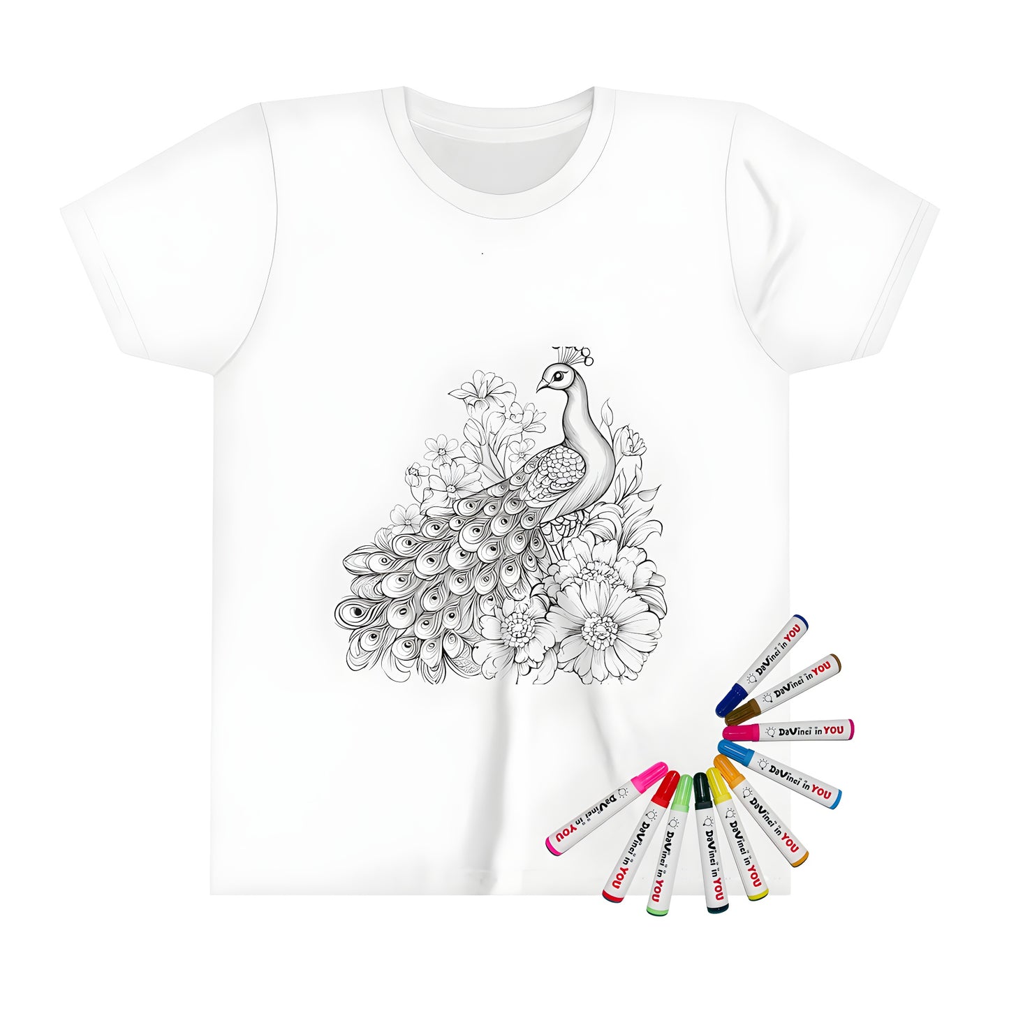 Kids coloring kit shirt with majestic peacock surrounded by blooming flowers